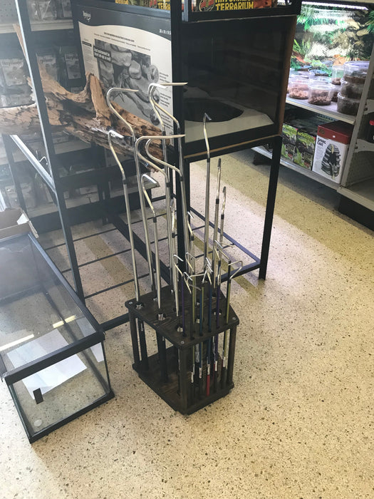 Snake hook display rack for wholesale retail at pet stores, zoos, museums, and more